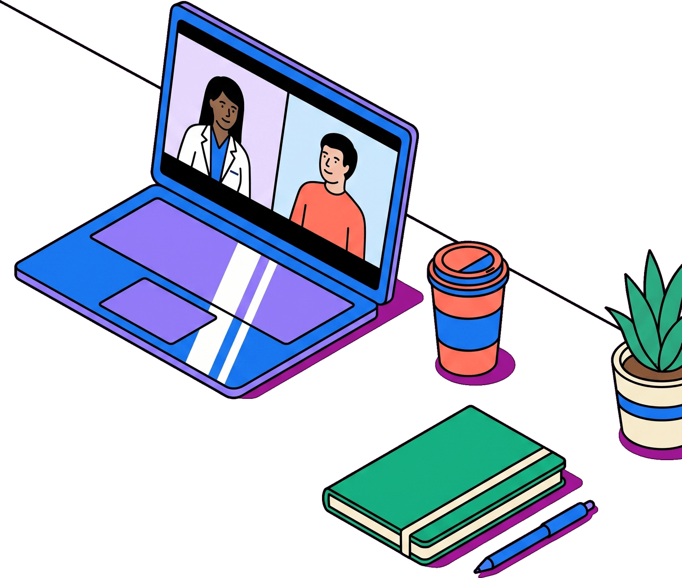 A laptop on a desk showing a video call with two people