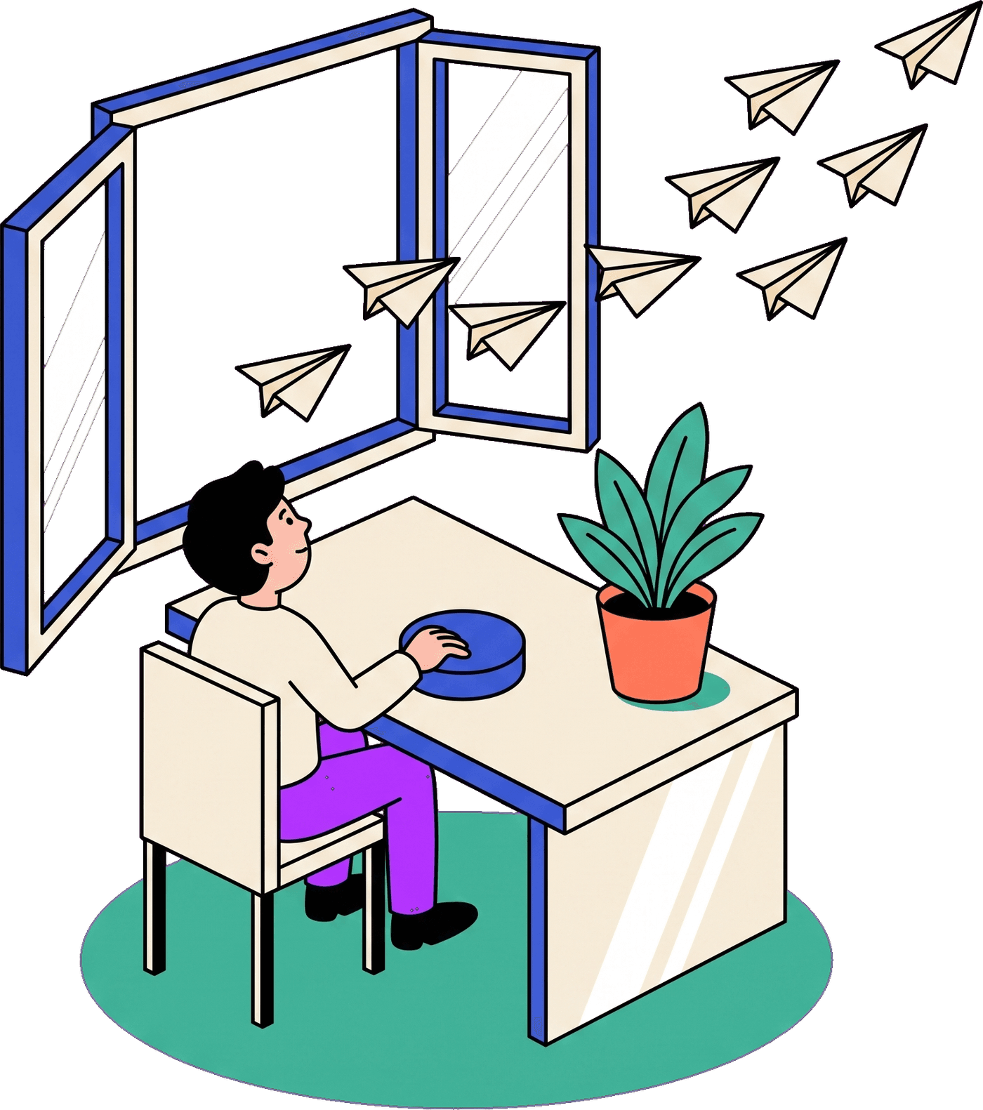 A person at a desk presses a large button as paper planes fly out of the window