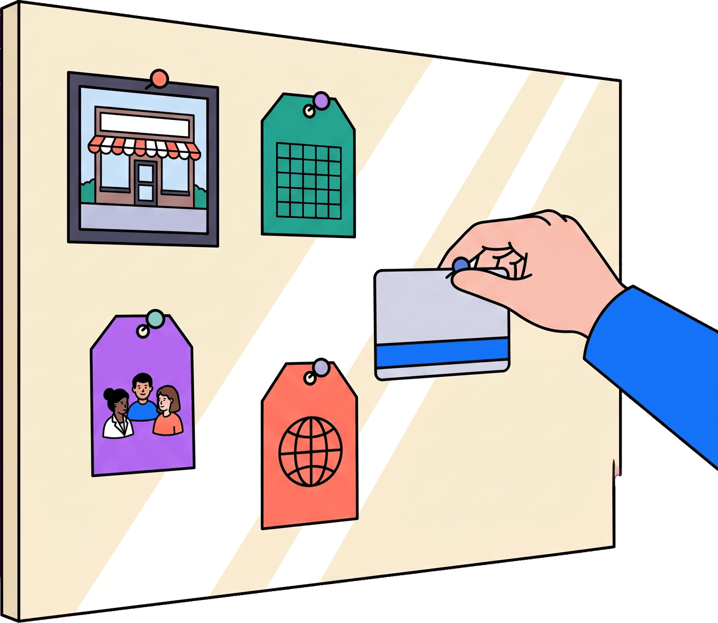 A pinboard of the brand's own assets, with one new account card being pinned in