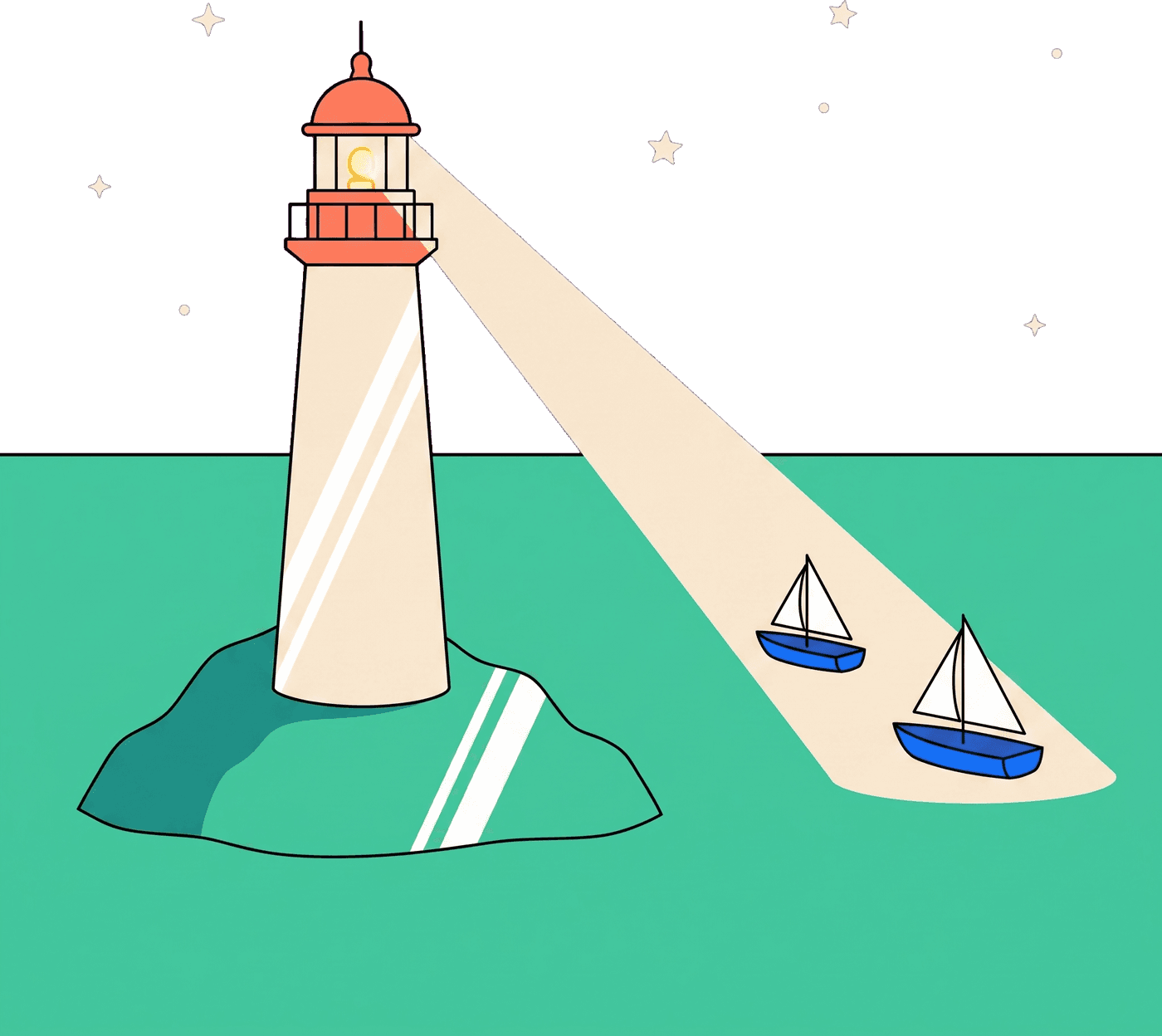 A lighthouse sweeping its beam across the water while two boats pass safely