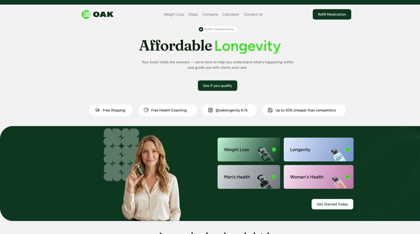 The Oak Longevity landing page