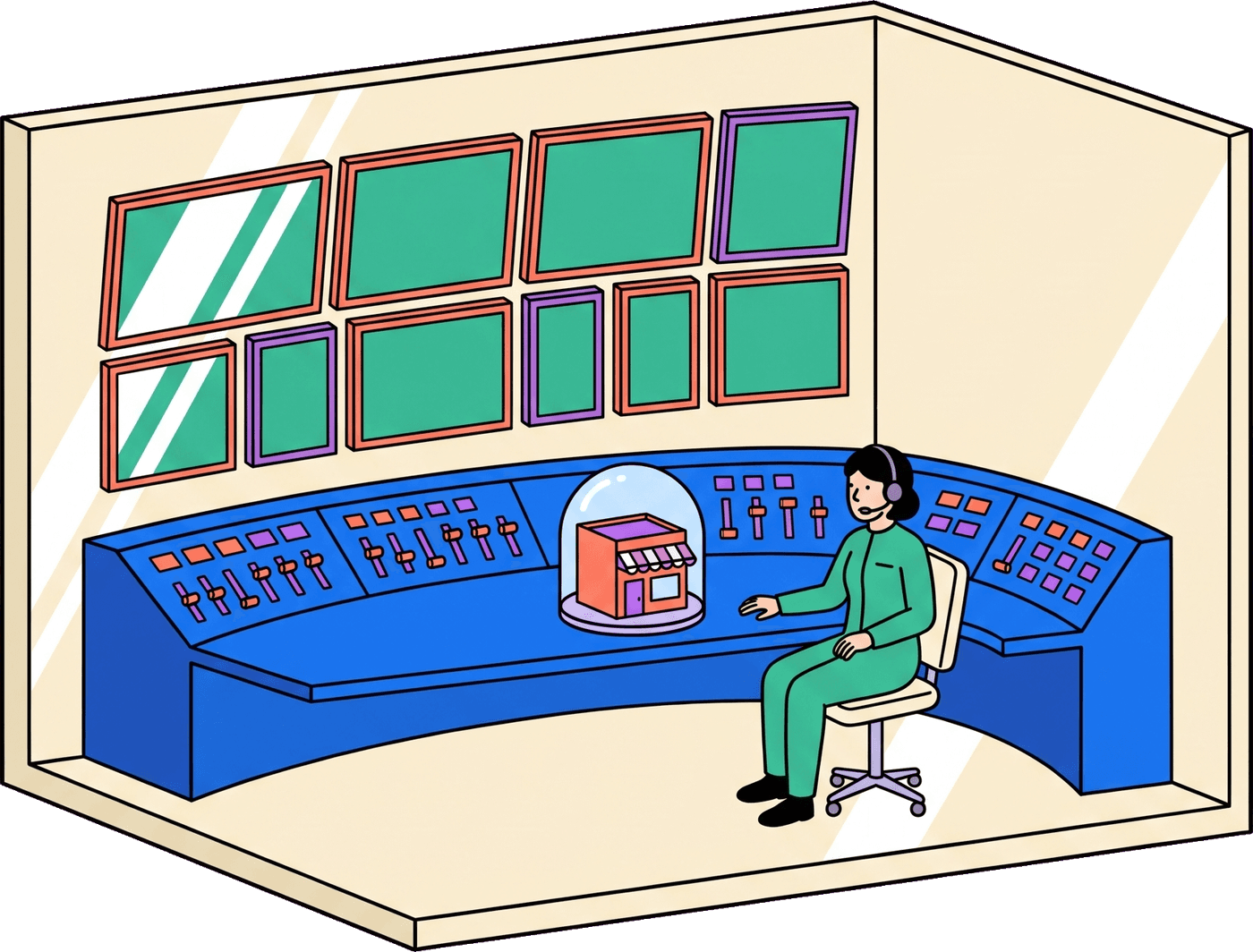 One operator in a small control room watching a bank of monitors, a model shopfront under a glass dome on the console