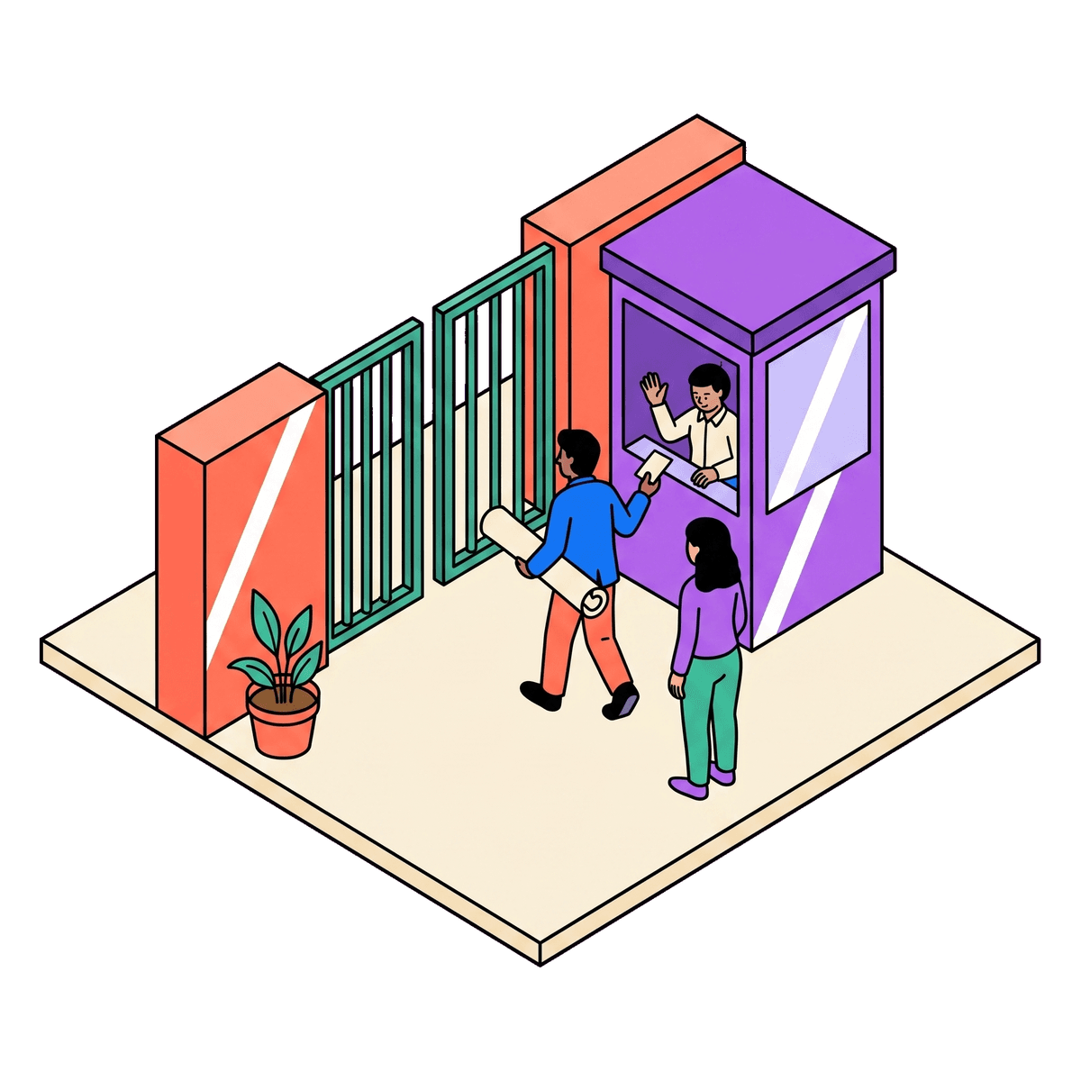 A gatekeeper waves a visitor through after checking only their access card, never the poster under their arm