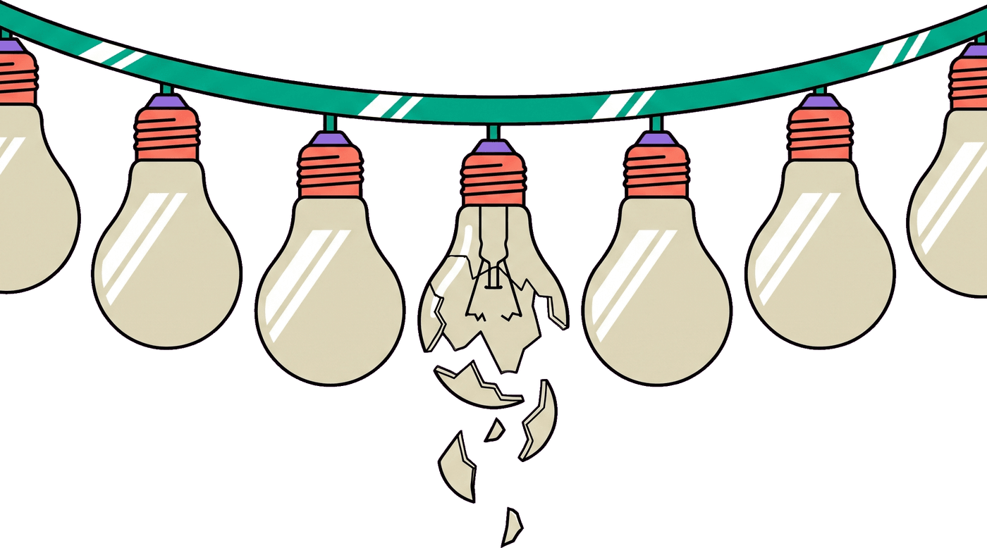 A string of festoon bulbs with one shattered, and every other bulb on the string gone dark