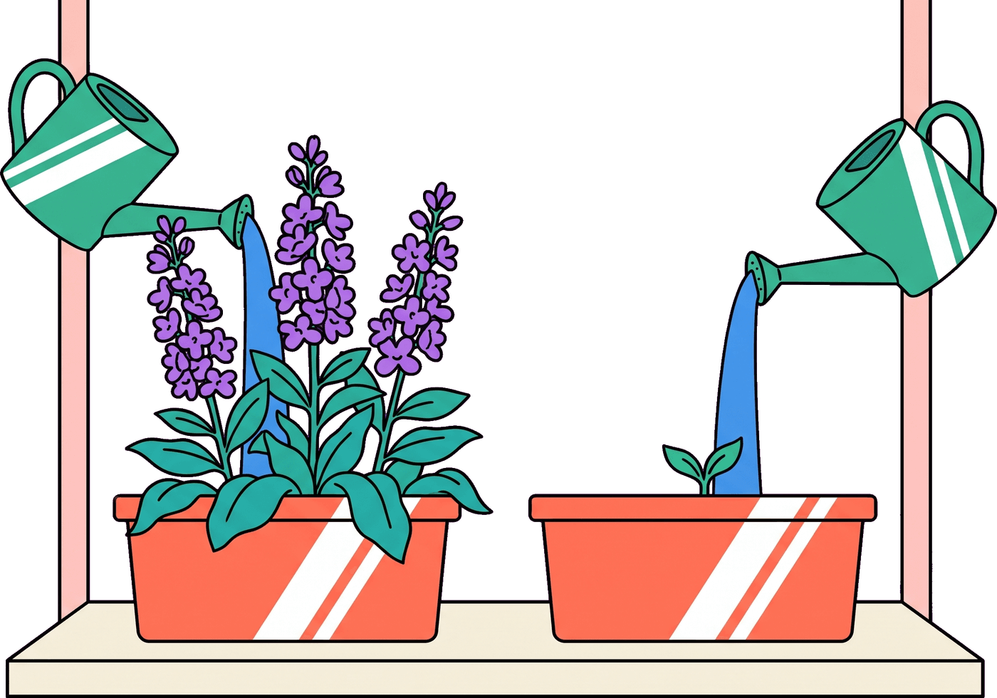 Two identical planters given the same water, one in full bloom and one a single sprout
