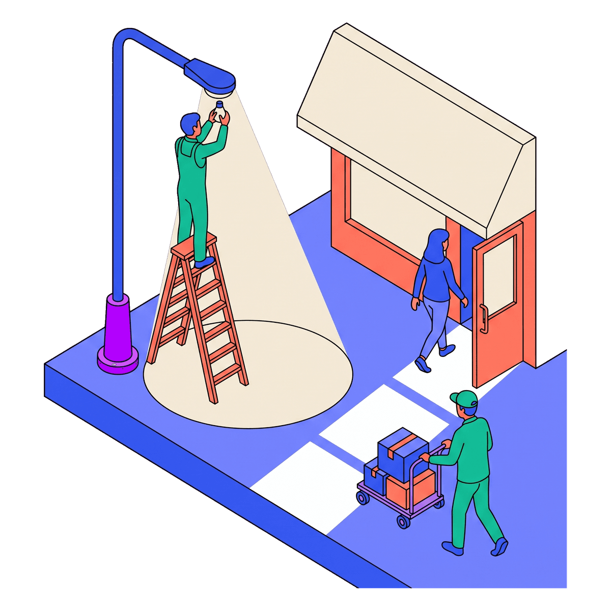 A technician on a ladder relights the streetlamp and the shop below comes back to life