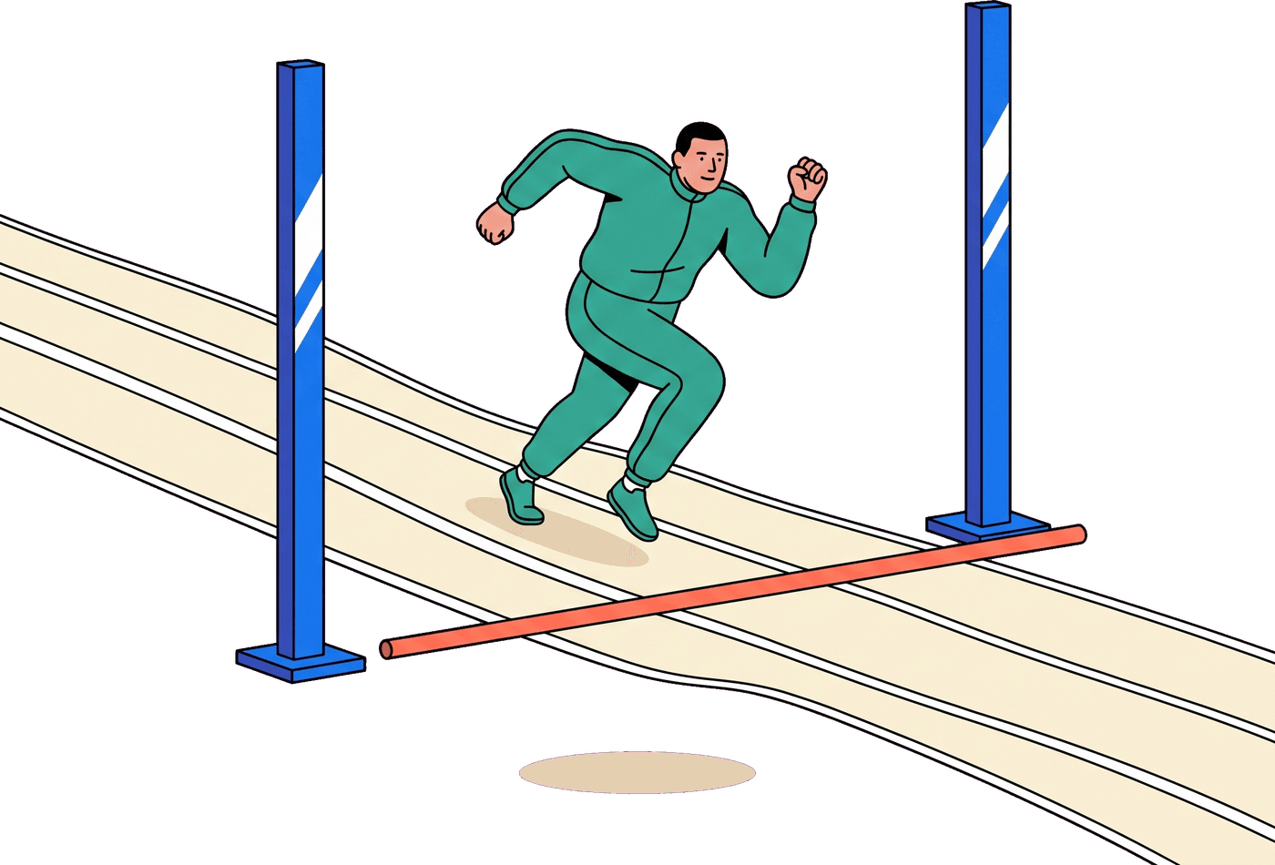A high-jump crossbar lying discarded on the track while an athlete sprints straight through the empty uprights