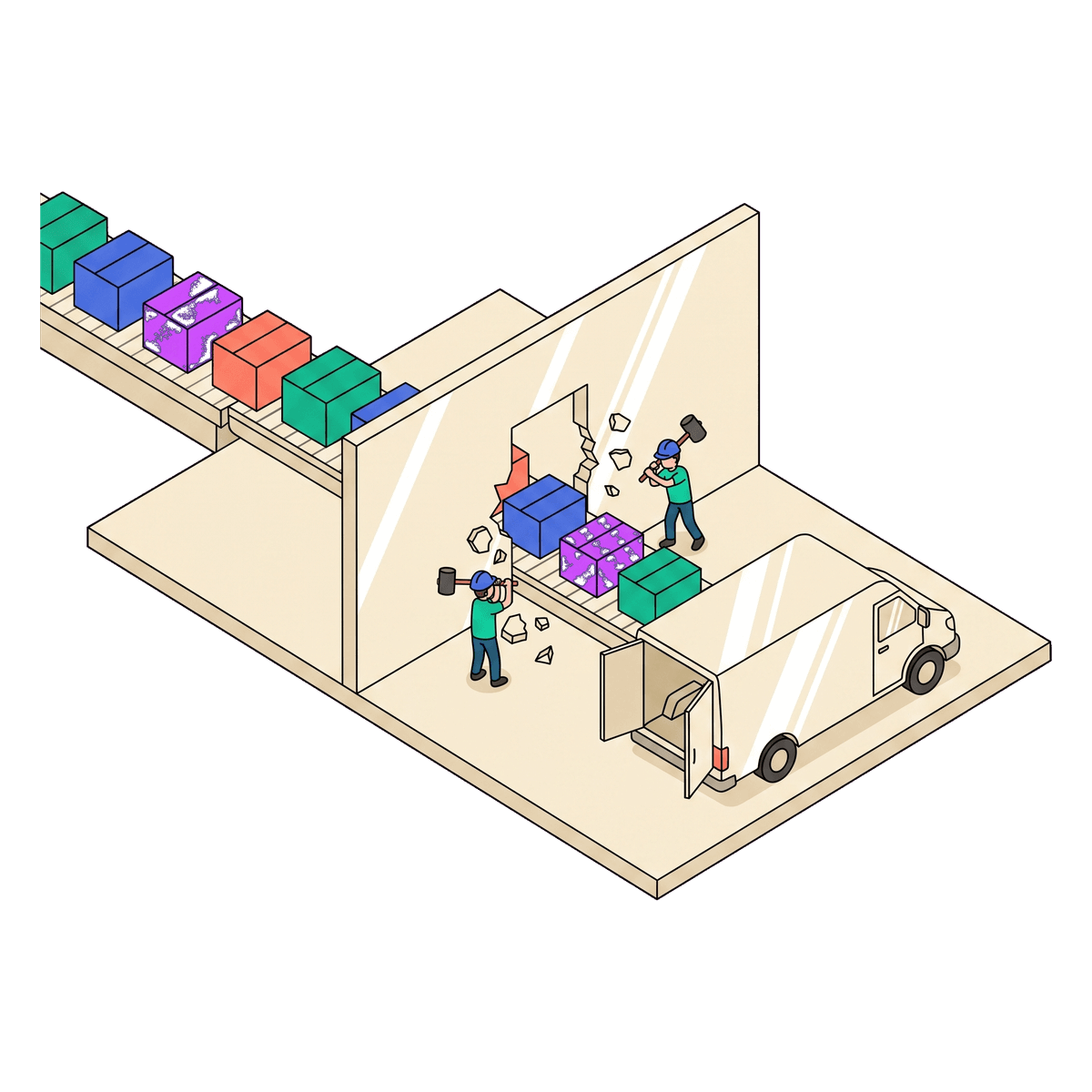Two workers knock a narrow warehouse doorway wider so the parcels queued behind it can flow