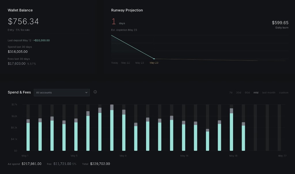 Wallet balance, runway projection, and spend and fees