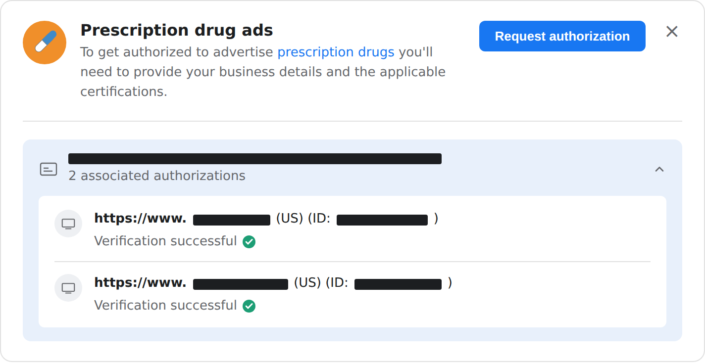 Meta authorizations and verifications panel for LegitScript